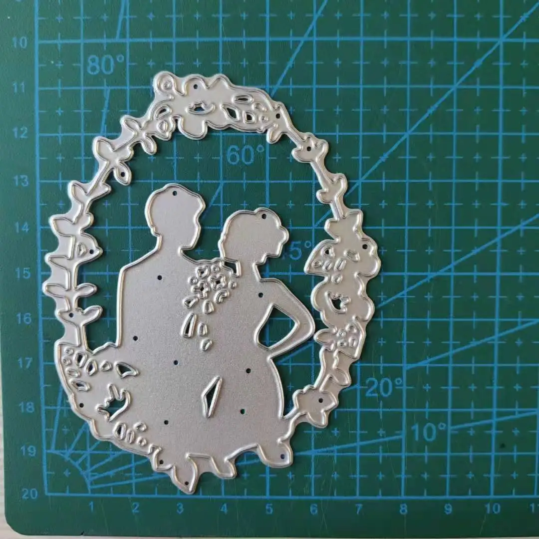 

Metal Cutting Dies Hollow Wedding Couple Wreath Scrapbook Decoration Template Embossing DIY Paper Card Craft 75*94 mm