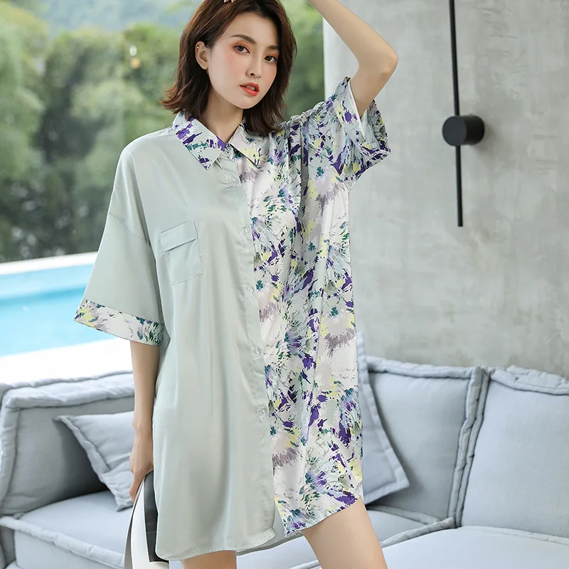 

Casual Print Turn-down Collar Sleepshirts Female Loose Nightdress Faux Silk Full Sleeve Home Dress Spring Autumn New Nightwear
