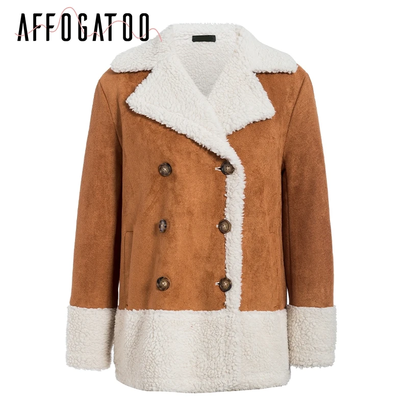 Afogaboo повседневные замшевые Лоскутные теплые меховые пальто женские винтажные карманы Женское пальто осенне-зимняя уличная мода женские куртки