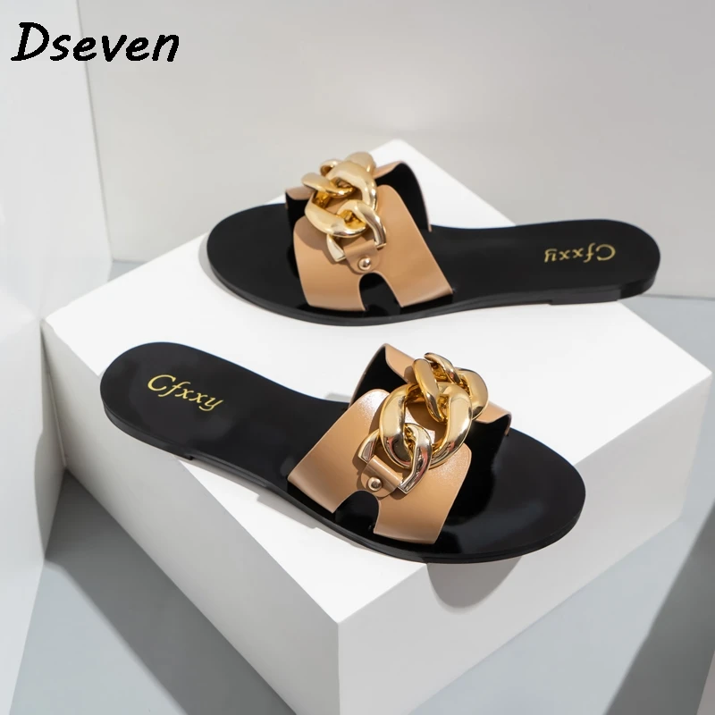 

2022 New Ladies Slippers and Sandals Fashion Black Metal Chain Decorated Flat Sandals Round Toe Women Slides Female Beach Shoes