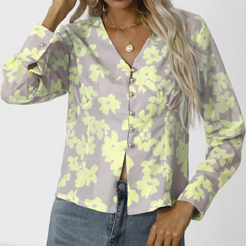 

Элегантный топ с цветочным принтом, женские рубашки, шикарные винтажные женские футболки, однобортные повседневные женские футболки с V-обр...