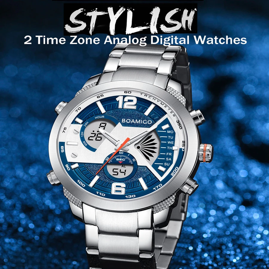 

BOAMIGO Chronograph Men Watch Stainless Steel Mens Watches Top Brand Luxury Sports Men's Digital Analog Male Quartz Watch 2021