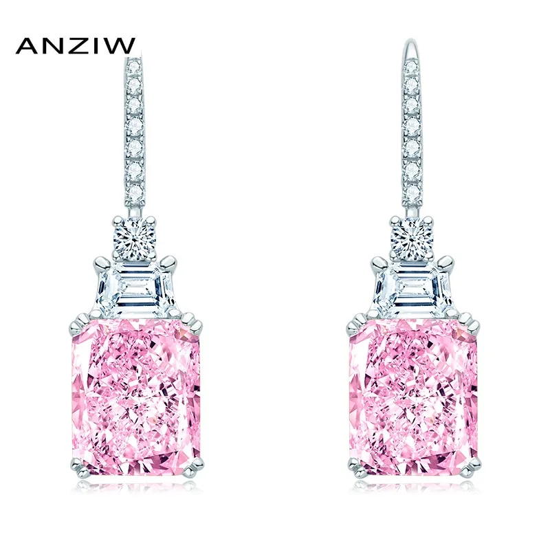 

Anziw 925 Silver 9x11mm Gorgeous Shiny Perfect Radiant Cut Created Pink Gemstone Hook Dangle Earrings for Wedding Party Jewelry