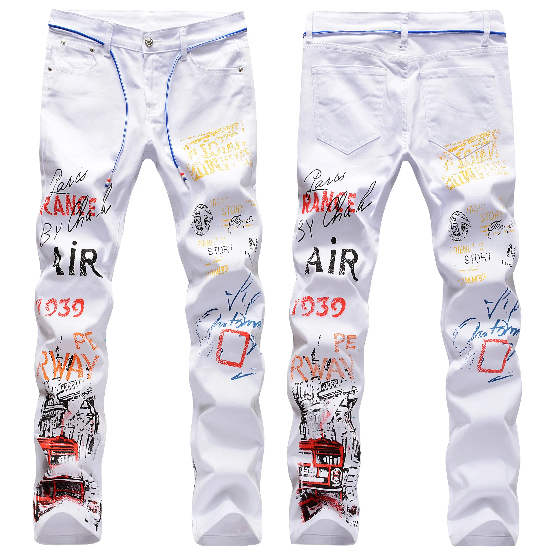 

2021 Luren Mens Jeans Night Club Black White Color Personal Designer Printed Jeans Men Punk Pants Skinny Hip Hop Jeans