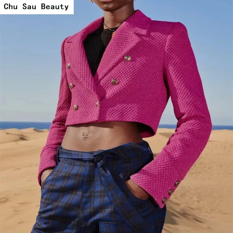 

2021 ZA New Women's Fuchsia Short Texture Blazer Autumn Fashion Double-Breasted Long-Sleeved Slim Elegant Trendy Jacket