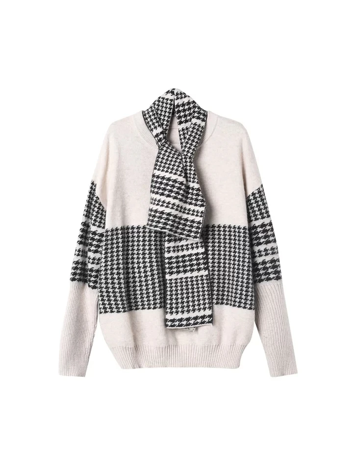 Осенний лоскутный клетчатый свитер с шарфом женские джемперы вязаные пуловеры |