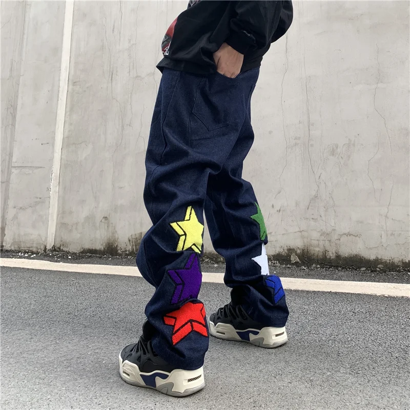 

Harajuku Stars Embrodiery Vibe Style Jeans for Men High Street Straight Washed Distressed Casual Denim Trousers