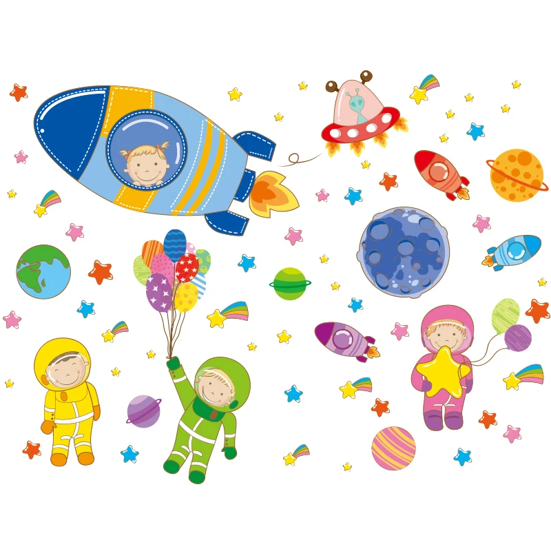 

[SHIJUEHEZI] Cartoon Animals Wall Stickers DIY Outer Space Astronaut Rockets Mural Decals for Kids Room Baby Bedroom Decoration