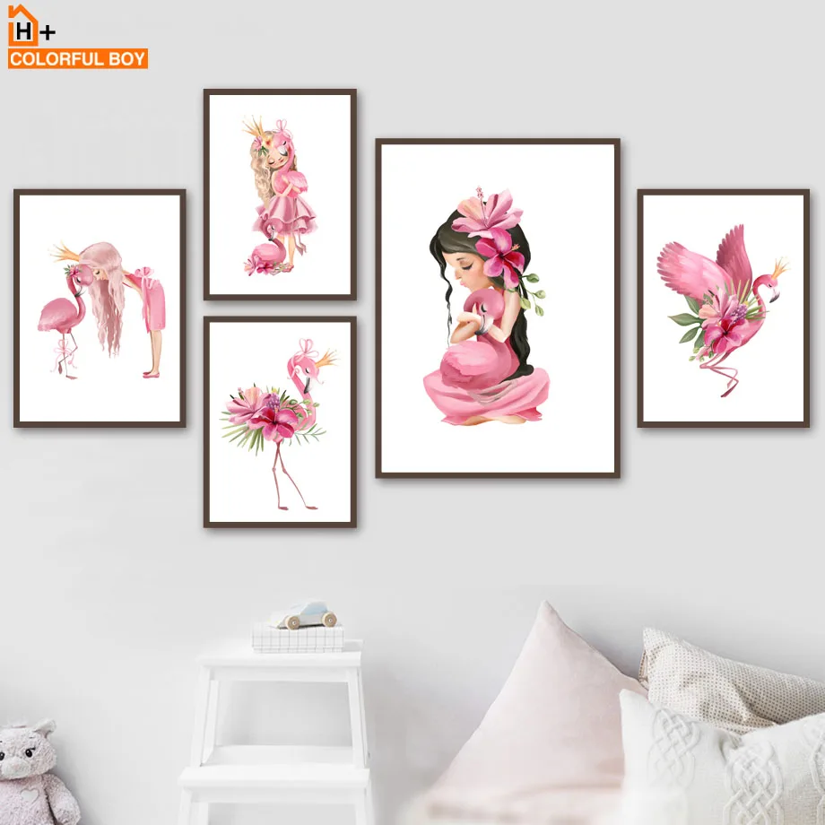 

Flower Flamingo Princess Girl Cartoon Nordic Posters And Prints Wall Art Canvas Painting Print Wall Pictures For Kids Room