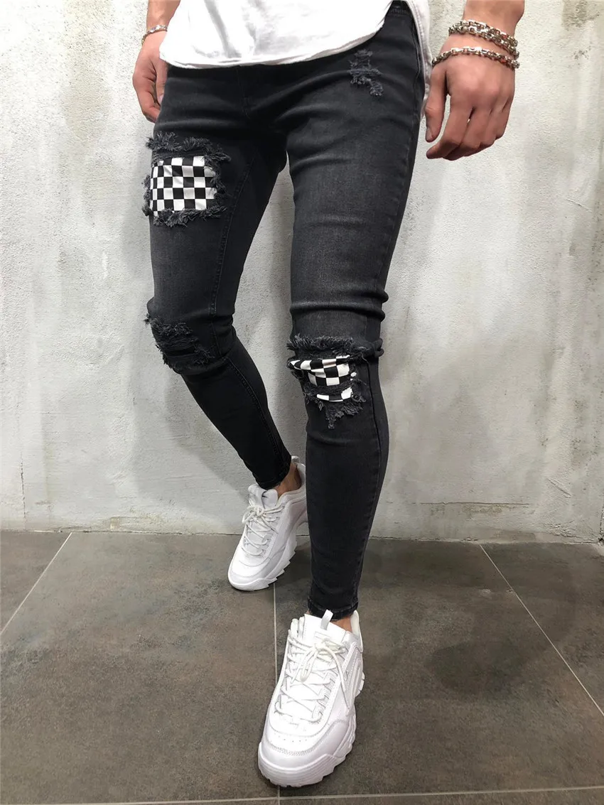 

Jeans Men Brand Stylish Embroidery Ripped Jean Pants Biker Skinny Slim Straight Frayed Denim Trousers Hip hop Skinny Jeans Male