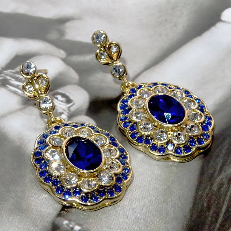 

Vintage Fashion Blue Crystal Stone Drop Earrings Charm Female Gold Color Dangle Earrings For Women Oval Zircon Wedding Earrings