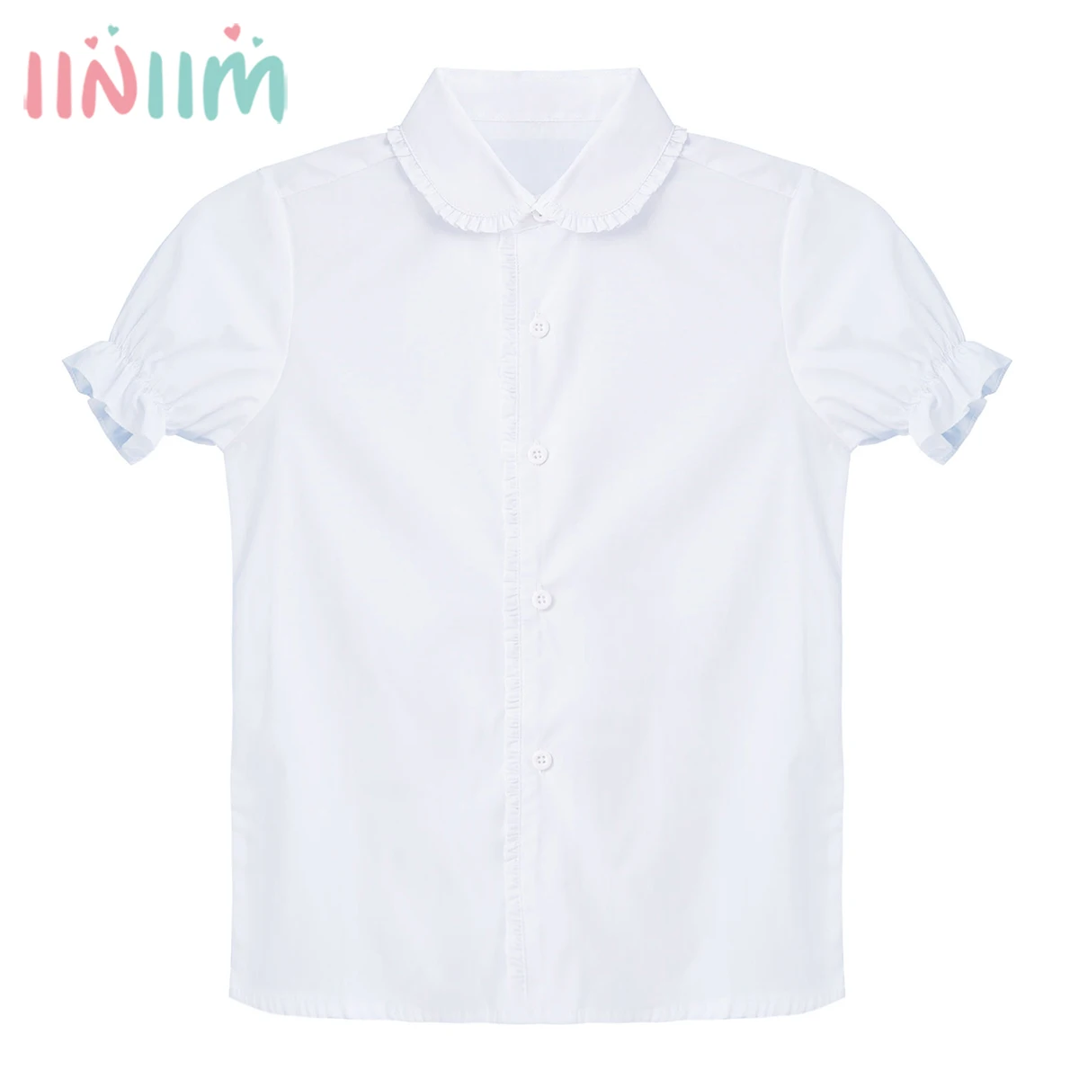 

Детская Однотонная рубашка iiniim в стиле ретро для девочек, топы с отворотами, пуговицами и короткими рукавами, кружевная облегающая хлопкова...