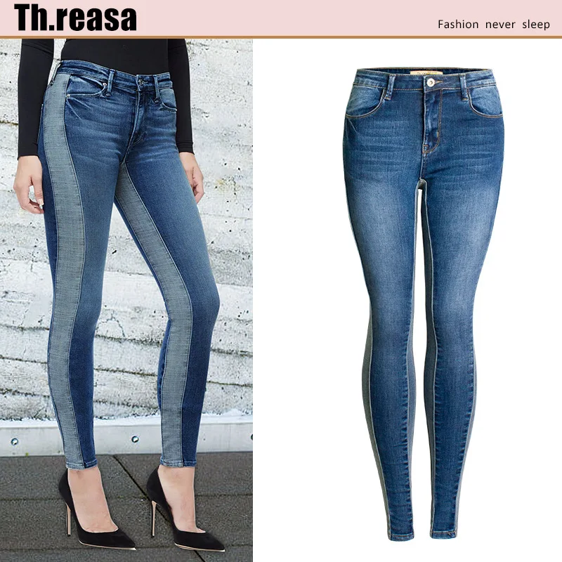New Women Jeans Pants Summer Elastic Slim Leggings Deep and Shallow Splicing Women Jeans