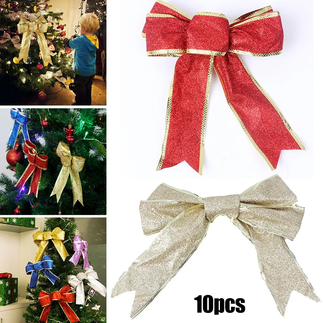 

Банты для елки 10 шт., блестящая золотая подарочная лента, подарки, XmasTree, украшения, уникальный праздничный подарок, Рождественское украшение