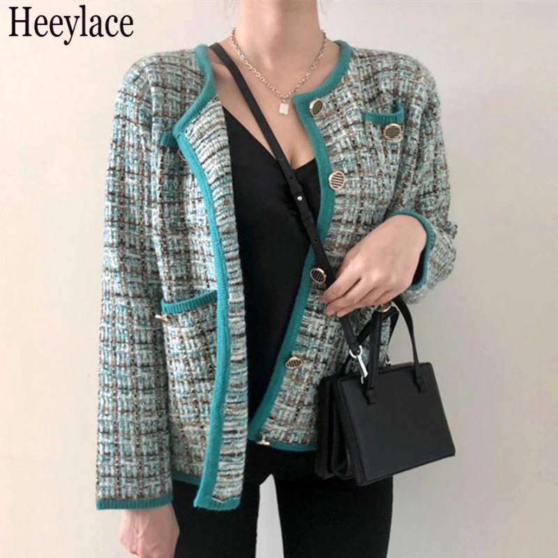 

New 2021 Women's Autumn Winter Sweater Fashionable Elegant Short Cardigans Plaid Vintage Checkered Knitwear