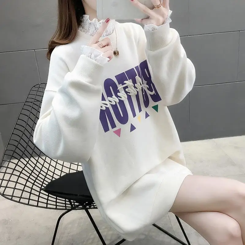 

Spring Long Female Loose Western Style Thin Type and Autumn Korean Version of the Lace Mock Two-Piece Fashion Ins