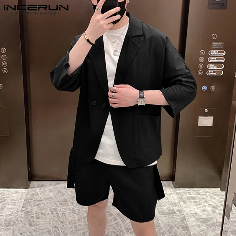 

Fashion Korean Style Male Sets 8-point Sleeves Shorts Mens Loose Mid-sleeve Casual Small Suit Short Two-piece Suit S-5XL INCERUN