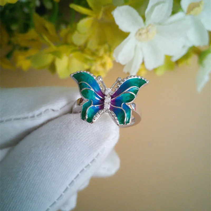 Реальные 925 стерлингового серебра палец кольцо красочные красивая бабочка эмаль