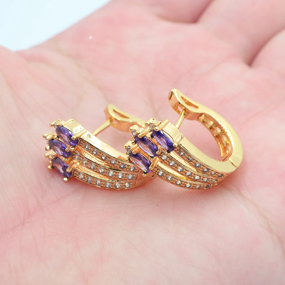 

Gold Color Women Fashion Purple Cubic Zirconia CZ Huggie Earrings Jewelry