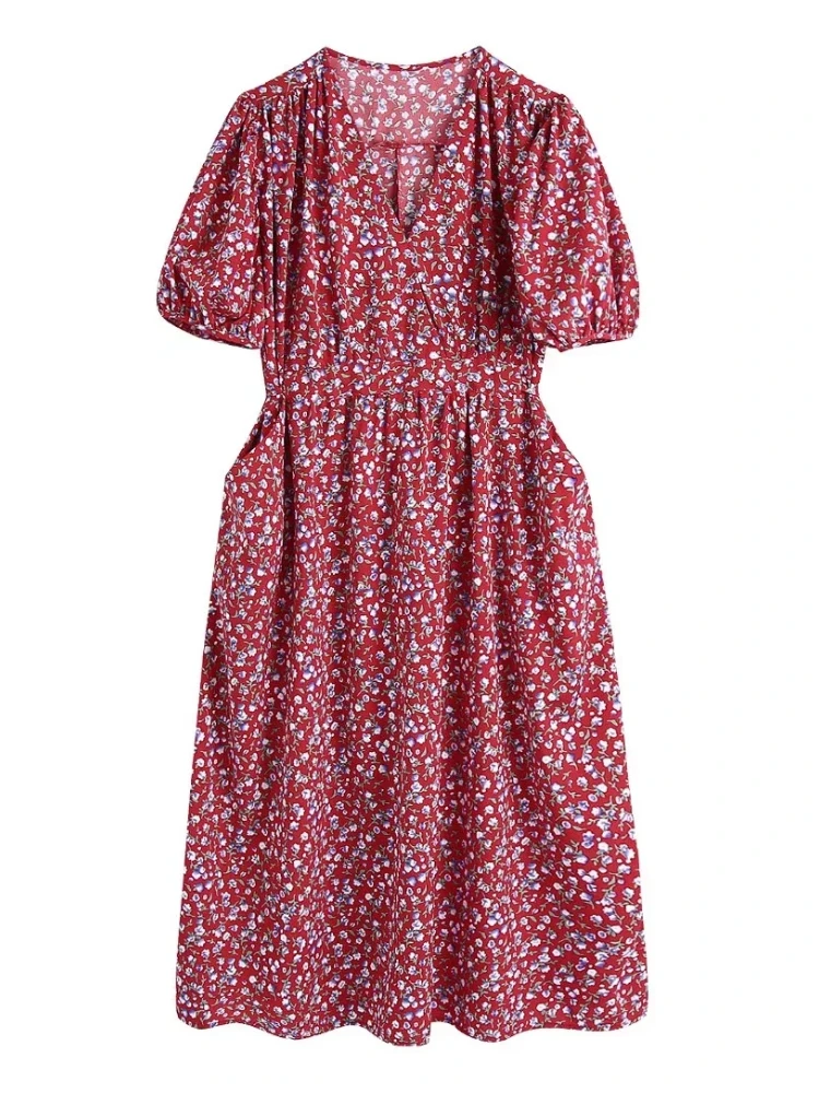 

BBWM Women Floral Boho Print Puff Long Dresses V Neck Elegant Fashion Female Flowers Short Sleeves Sweet Loose Dress Chic