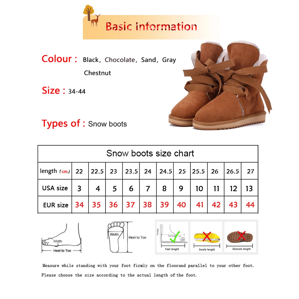 

HABUCKN Cowhide Suede Leather Fashion Girls Lace-up Mid-calf Winter Boots for Women Sheep Fur Lined Snow Boots Warm Shoes Brown