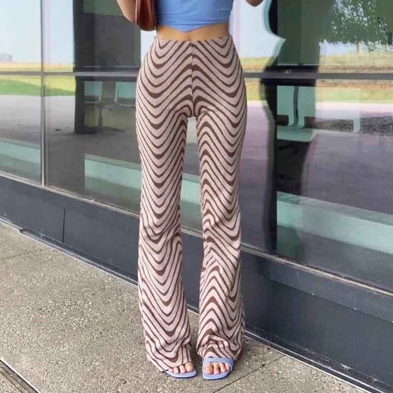 

Уличная одежда, женские прямые брюки в простом стиле, длинные коричневые волнистые полосатые брюки с принтом и высокой талией