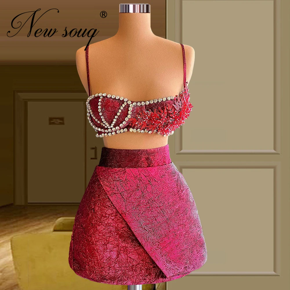 

Customized Two Pieces Beads Evening Cocktail Dress With Spaghetti StrapsArabic 2022 Prom Gowns Robes De Soiree Party Night Dress