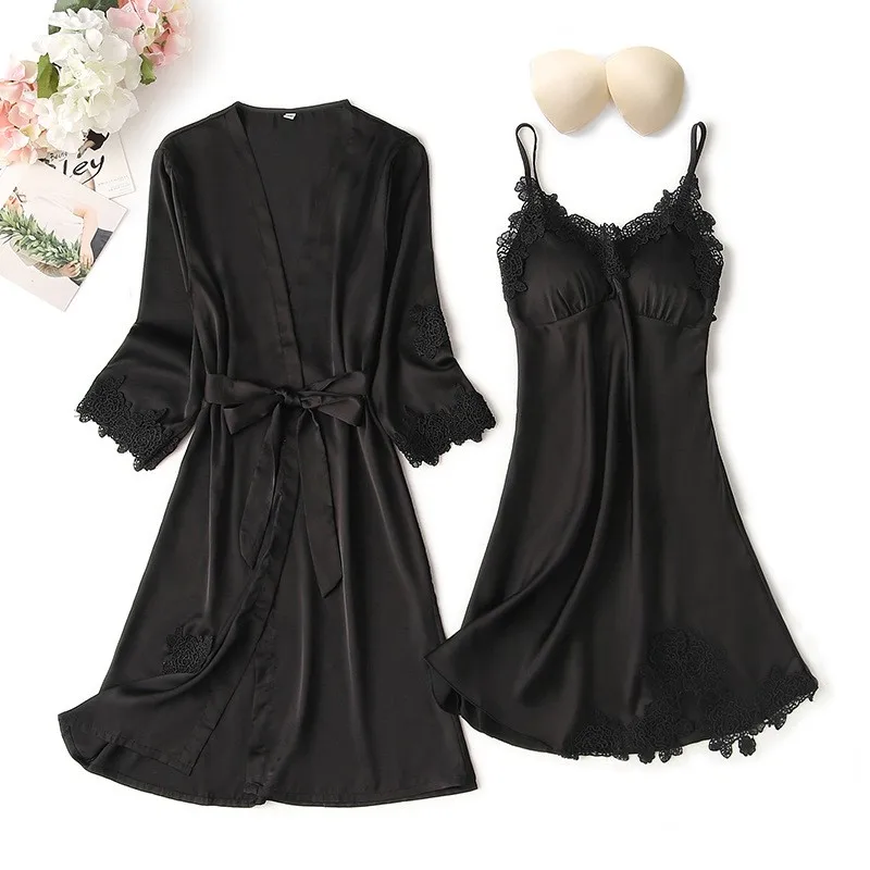 

Satin Nightdress Sleepwear Women Intimate Lingerie 2PCS Nighty&Robe Suit Sexy Bride Bridesmaid Wedding Robe Loose Nightgown