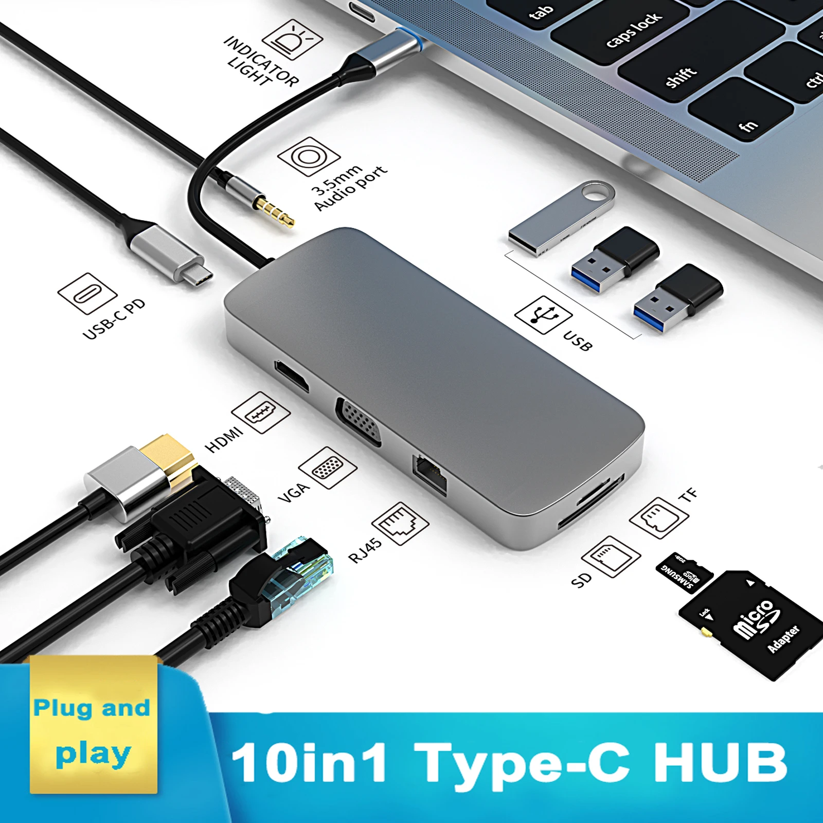 TFZHN-concentrador de estación de acoplamiento con USB tipo C  multifunción  convertidor 10 en 1 a