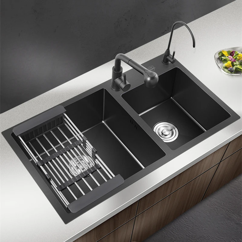 Black kitchen sink double bowl nano double sink vegetable basin kitchen sink 304 stainless steel household sink kitchen supplies
