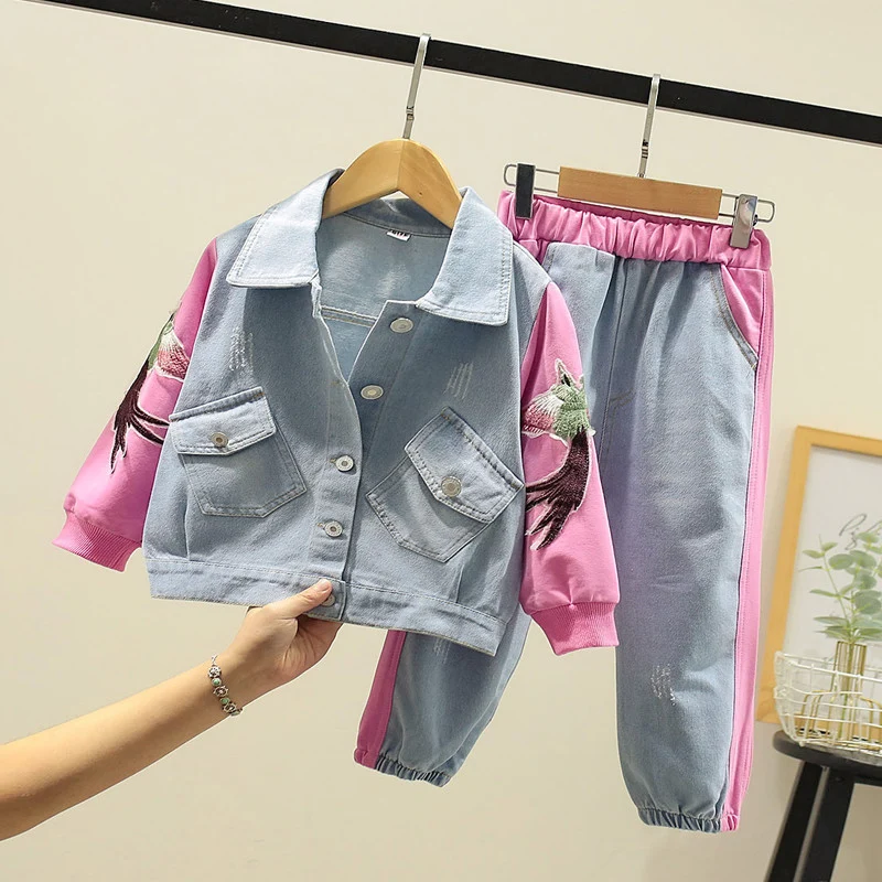 

Girls Spring Clothes Set Long Sleeve Patchwork Denim Clothing 2pcs Clothing Suit Baby Outfits for Kids Girls Clothes 2021