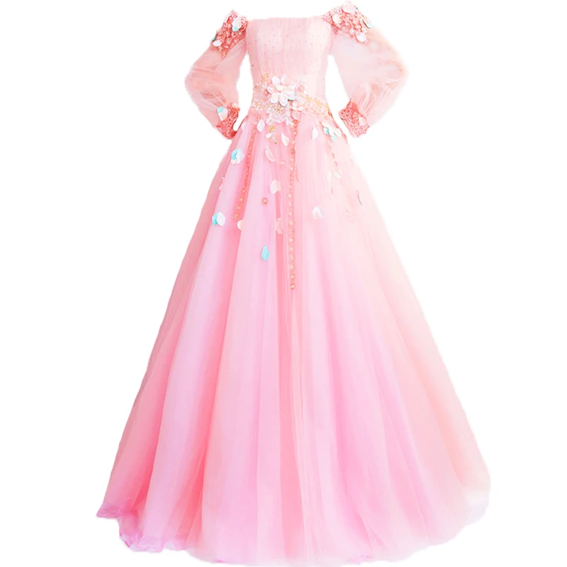 Розовое Цветочное платье для выпускного вечера длинные рукава ТРАПЕЦИЕВИДНОЕ