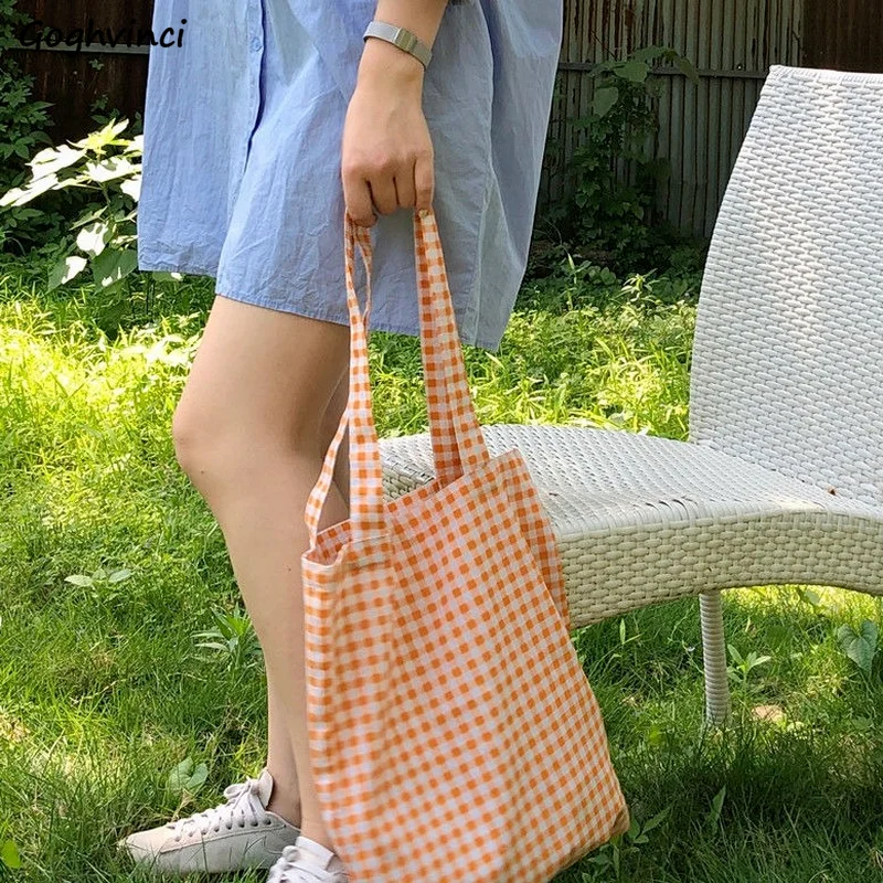 

Women Shoulder Bags Plaid Totes Harajuku Book Students Shopping Foldable Portable Big Capacity Japanese Style Top-handle Femme