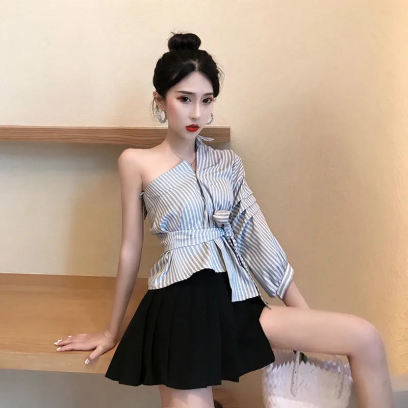 

Shirts Women Off Shoulder Fashion Striped Elegant Daily Womens Clothing Korean Style All-match High Quality Casual Spring Chic