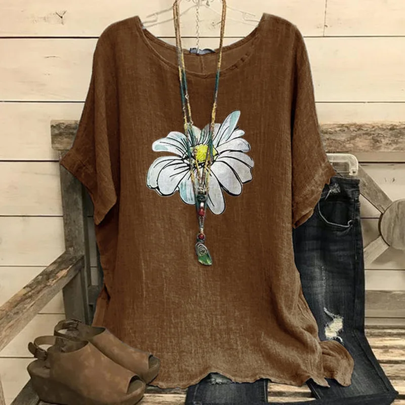 Блузка женская с круглым вырезом из хлопка и льна |