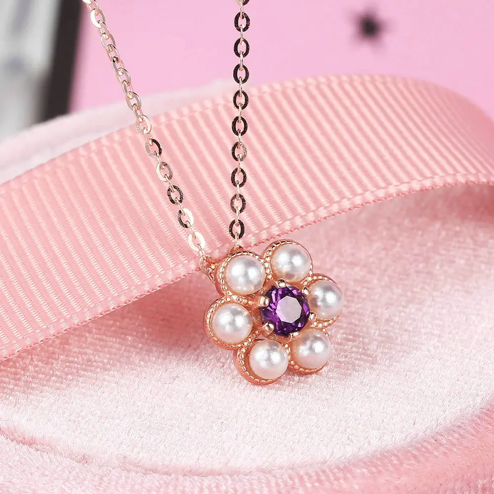 

LAMOON S925 Silver Necklace For Women Little Flower Pendant Amethyst Gemstone 18k Rose Gold Plated Fine Jewelry LMNI043