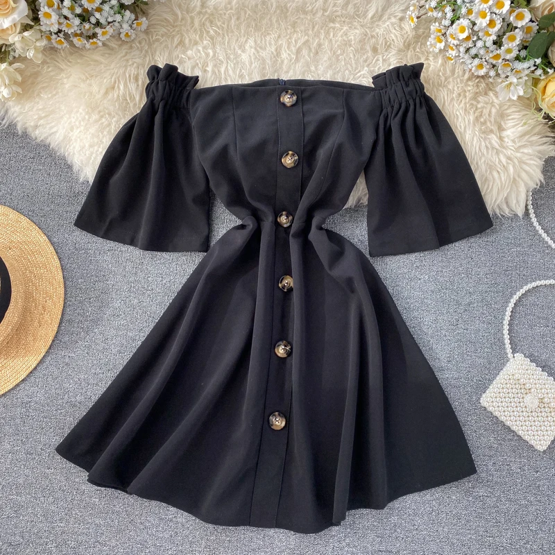 Новинка 2020 года. Весенне-летнее женское платье с открытыми плечами и пуговицами в