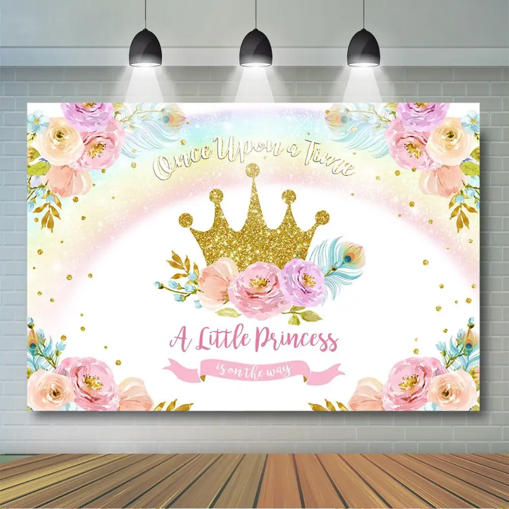 

Floral Baby Shower Backdrop for Girl Pink Flowers Gold Crown Glitter Baby Shower Background Princess Birthday Cake Table Banner