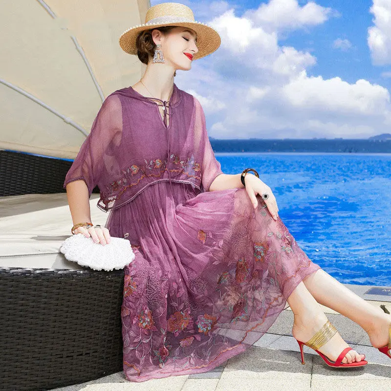 

2021 New Spring Summer Women Fuax Silk Dresses Vintage Mesh Lace Floral Embroidery Dress Elegant Plus Size 4xl Vestidos A66