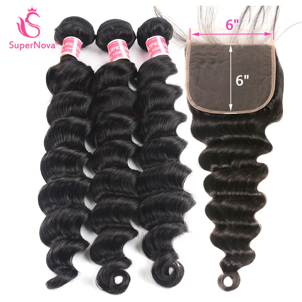 Свободные бразильские пучки волос с закрытием 6x6 предварительно сорванные Remy