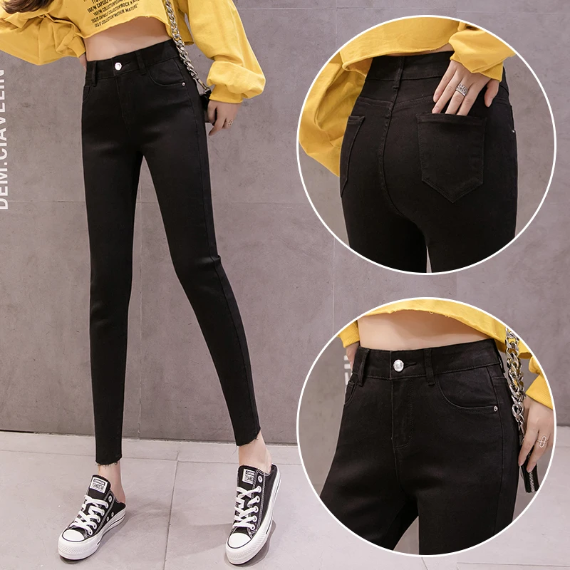 

Women Jeans Slim Denim Pencil Trousers Skinny Button Fly High Waist Female Basic Stretch Bottoms Fashion Simple Korean Style New
