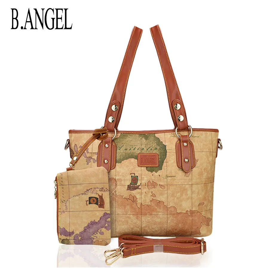 

Vintage World Map Women Tote Bag With Wallet Large Messenger Bag Leather Handbag High Quality Ladies Shoulder Bag Messenger Bag