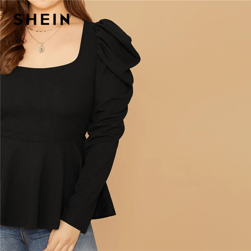 SHEIN плюс размер, черный топ с рукавами с баской, Женский Осенний однотонный квадратный вырез, элегантный офисный женский топ и блузки