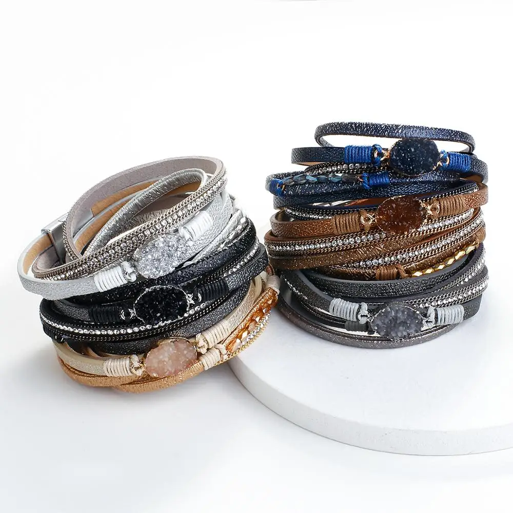 ALLYES Long Resin Leather Bracelets for Women Boho Rhinestone Charm Magnetic buckle Braided Wrap Bracelet Fashion Jewelry | Украшения и