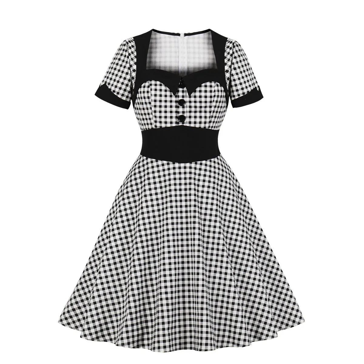 

Hepburn Wind latticeThe Dress Retro Square Collar Short Sleeves Large Skirt French Romantic Fresh Dress Dresses for Women