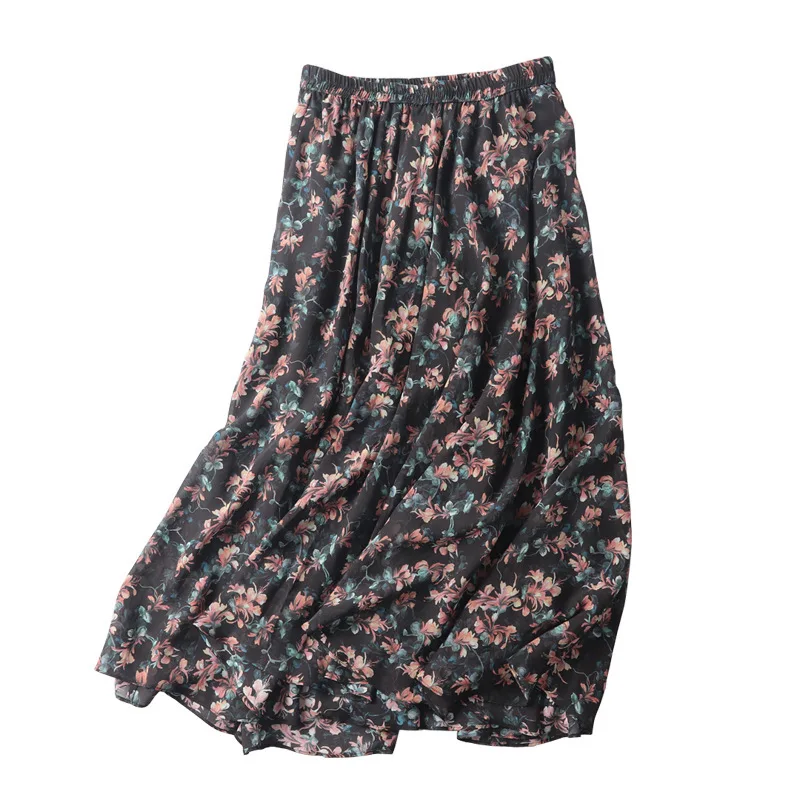 

Women skirts pleated black chiffon silk flower 2020 summer Vintage sexy Long beach Skirt A-Line Elegant free shipping