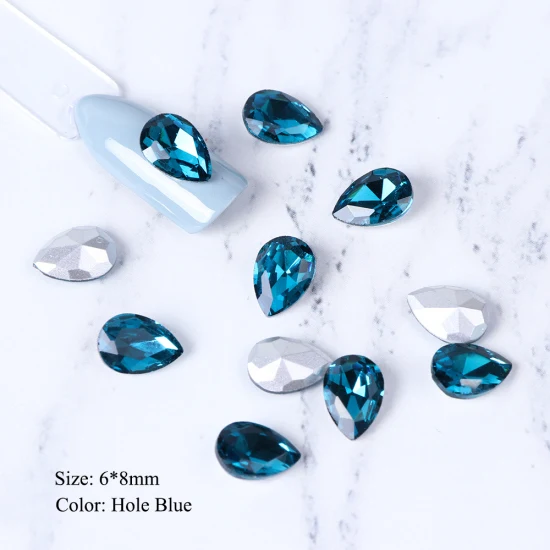 Hole Blue 6x8mm 10 шт. Кристаллы Стразы для ногтей Блеск капли воды украшения для ногтей 3D стеклянный камень драгоценный камень плоская задняя сторона поддельные ювелирные изделия с алмазами TR896 - Цвет: Hole Blue 6x8mm