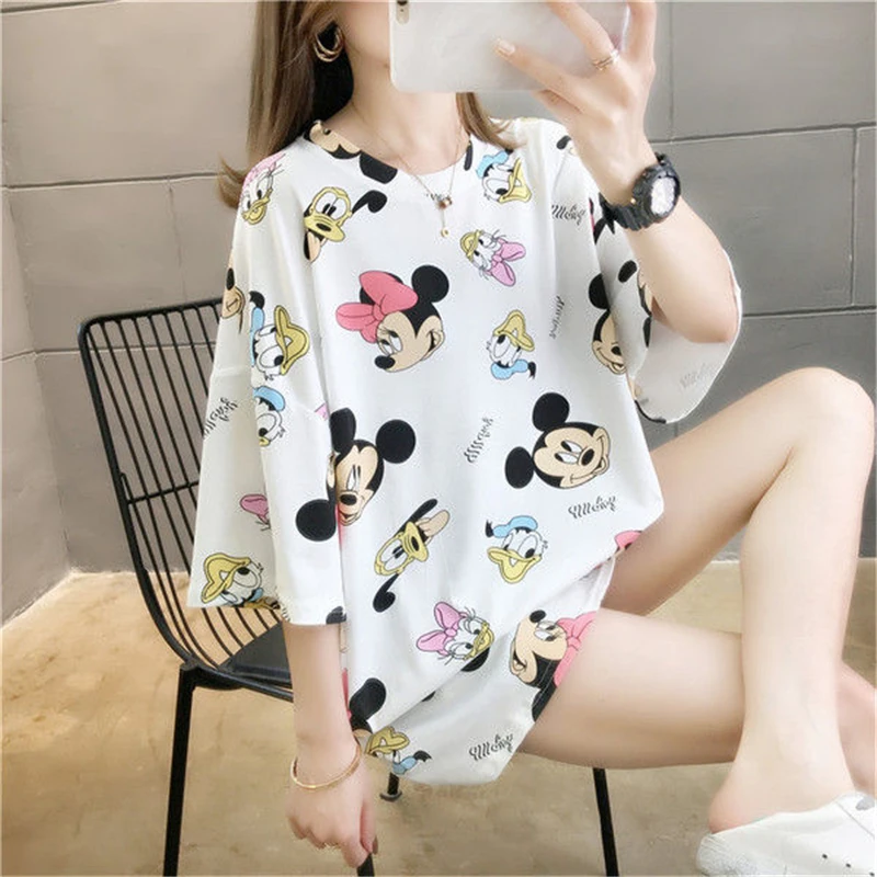 

Disney Cute Mickey Mouse Cartoon Print O-Neck Pullover Short Sleeve White Chic T-Shirt Casual Fashion Women Loose Tee Tops Sww-1