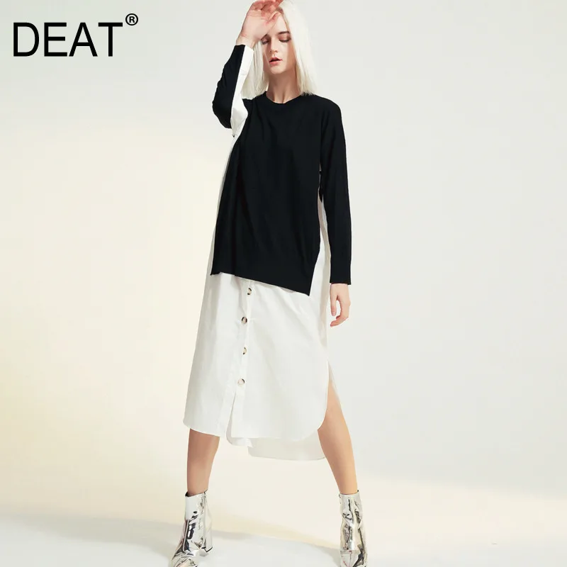 DEAT autumn and winter fashion clothes women round neck full sleeves knits pullover long contrast colors dress WJ14401L | Женская одежда
