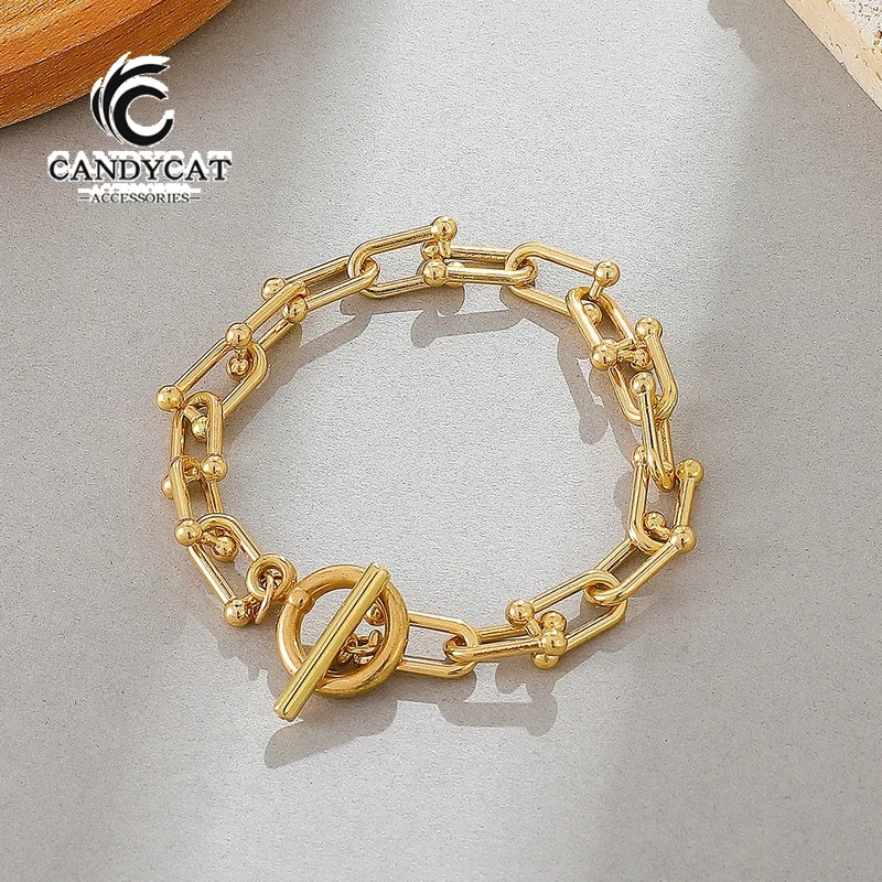 

Punk Gold Color Paperclip Bracelets for Women Men Grunge Simple Metal Thick OT Buckle Horseshoe U Chains Fashion Hip Hop Jewelry